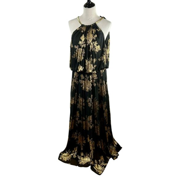 MSK Pleated Gold Print Maxi Dress Women 16 Black Metallic Floral Event Wedding - Picture 5 of 15